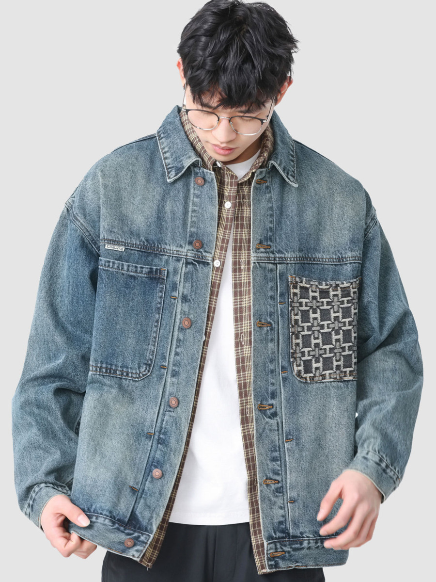 Vintage Fashion Hong Kong - Vintage bordado bolso denim jaqueta masculina