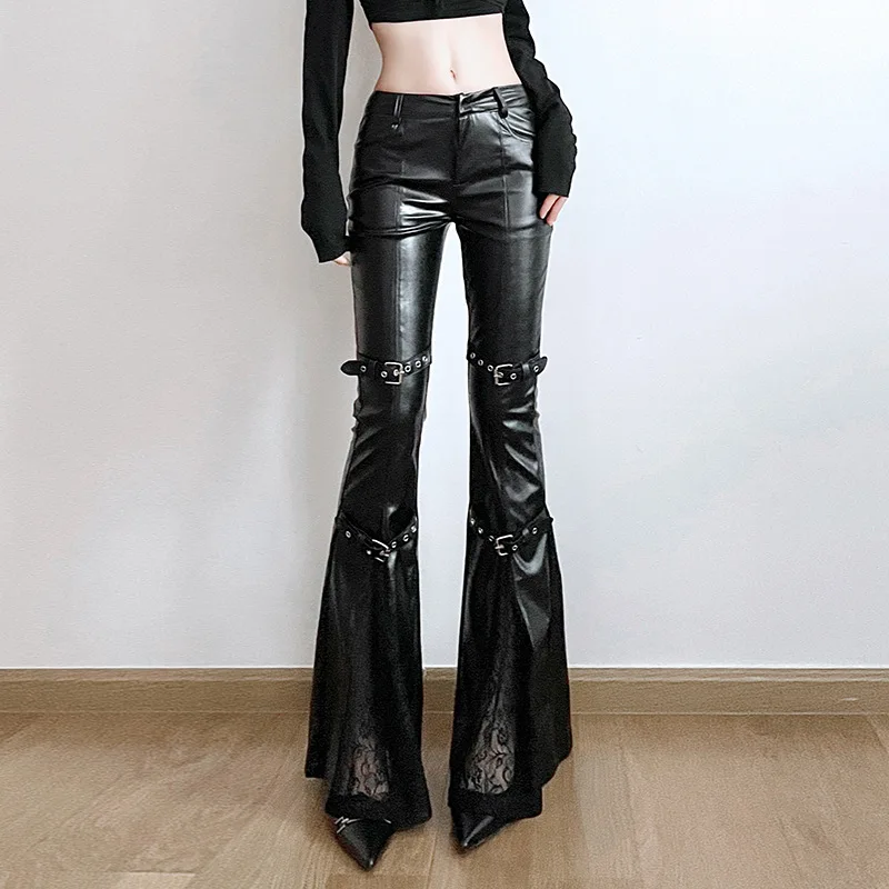 Vintage Fashion Y2K - Calça feminina de couro PU, fivela