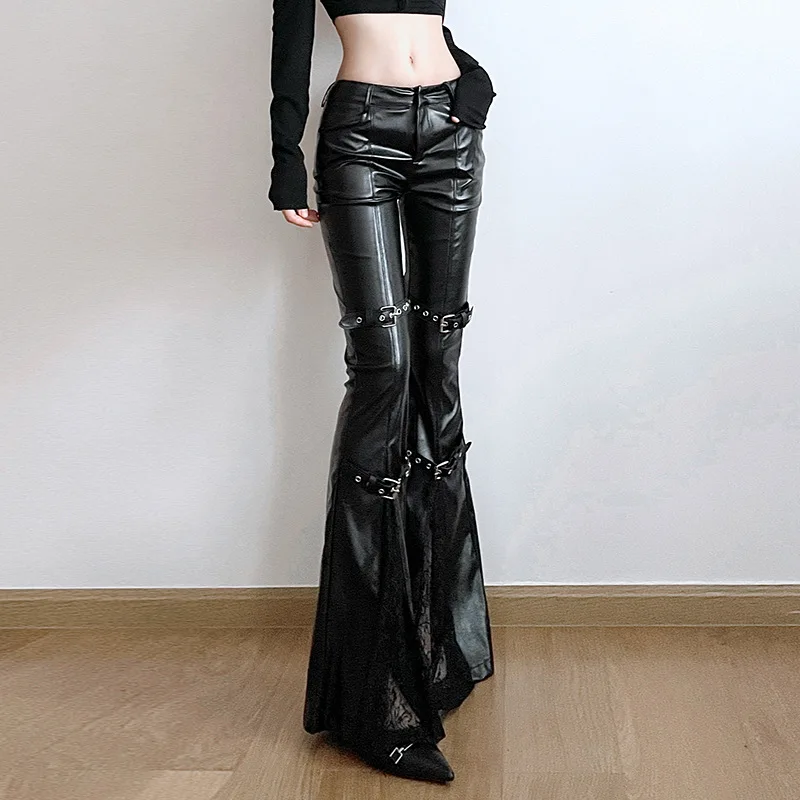 Calça feminina de couro PU, fi - Vintage Fashion Y2K avaliação e preço